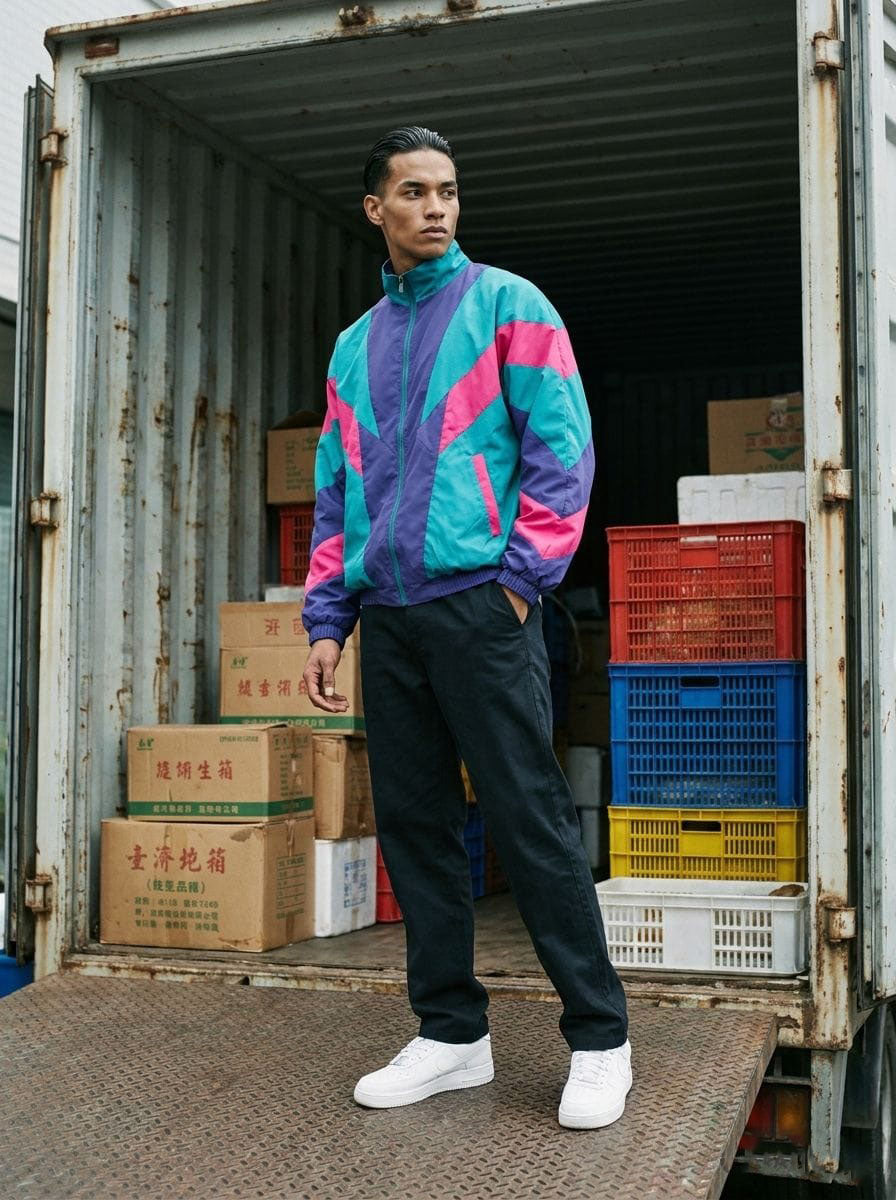 1980s retro color-block windbreaker jacket